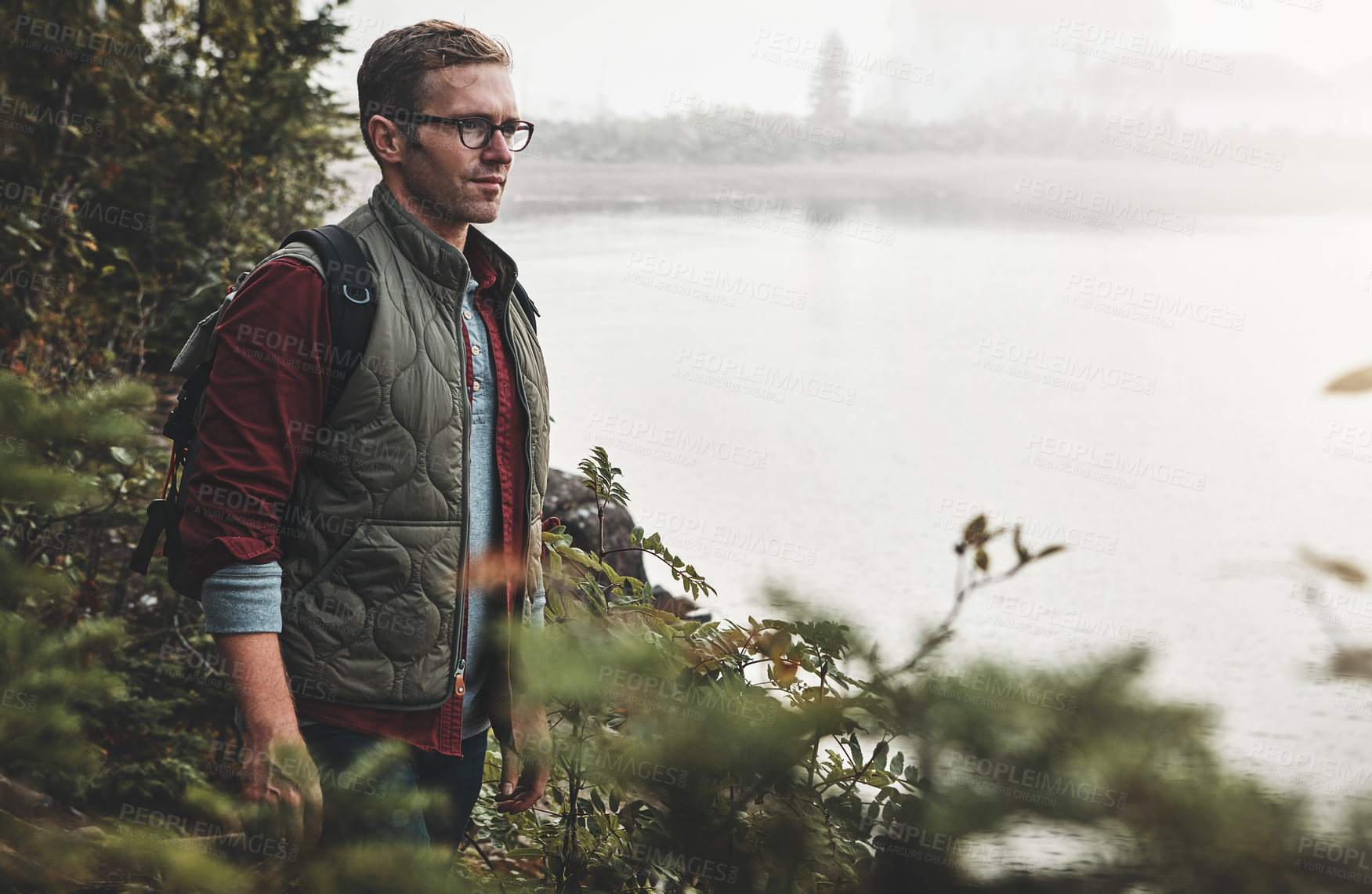 Buy stock photo Thinking, man and hiking for fitness outdoor for travel, adventure and tourist sightseeing. Vision, person and backpacking with reflection, trekking view and explore nature with space in forest