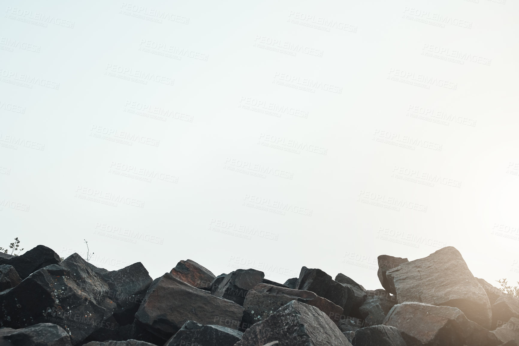 Buy stock photo Rocks, sky and space with wallpaper of environment for conservation, fresh air or terrain. Background, scenery and sustainability with empty location for climate change, ecology or stone view