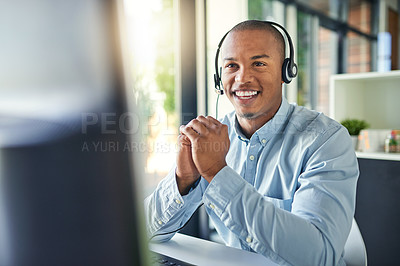 Buy stock photo Call center, customer service and happy black man on computer for consulting, help and advice. Telemarketing, communication and male consultant smile for contact, crm support and networking in office