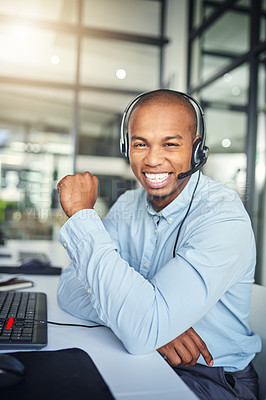 Buy stock photo Call center, customer support and portrait of happy black man for consulting, help and advice. Telemarketing, communication and male consultant smile for contact, crm service and networking in office