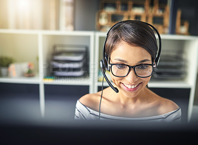 Buy stock photo Call center, customer service and face of woman on computer for consulting, help and advice. Telemarketing, communication and female consultant smile for contact, crm support and networking in office