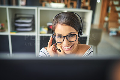 Buy stock photo Call center, customer service and face of happy woman on computer for consulting, help and advice. Telemarketing, communication and female consultant for contact, crm support and network in office