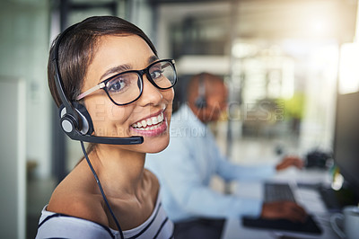 Buy stock photo Call center, customer service and portrait of woman with smile for consulting, help and advice. Telemarketing, communication and female consultant for contact, crm support and networking in office