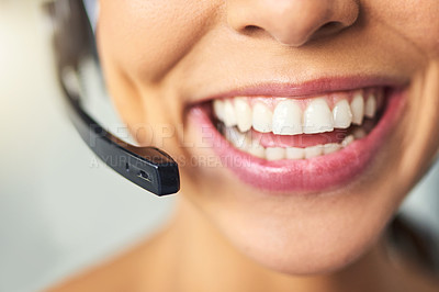 Buy stock photo Closeup shot of an unrecognizable female customer support agent smiling in the office