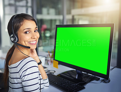 Buy stock photo Call center, customer service and portrait of woman with green screen on computer for consulting help. Telemarketing, communication mockup and female worker for contact, crm software and support