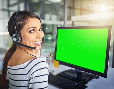 Buy stock photo Call center, green screen and portrait of woman on computer for consulting, customer service and help. Telemarketing, communication mockup and female consultant for contact, crm support and network