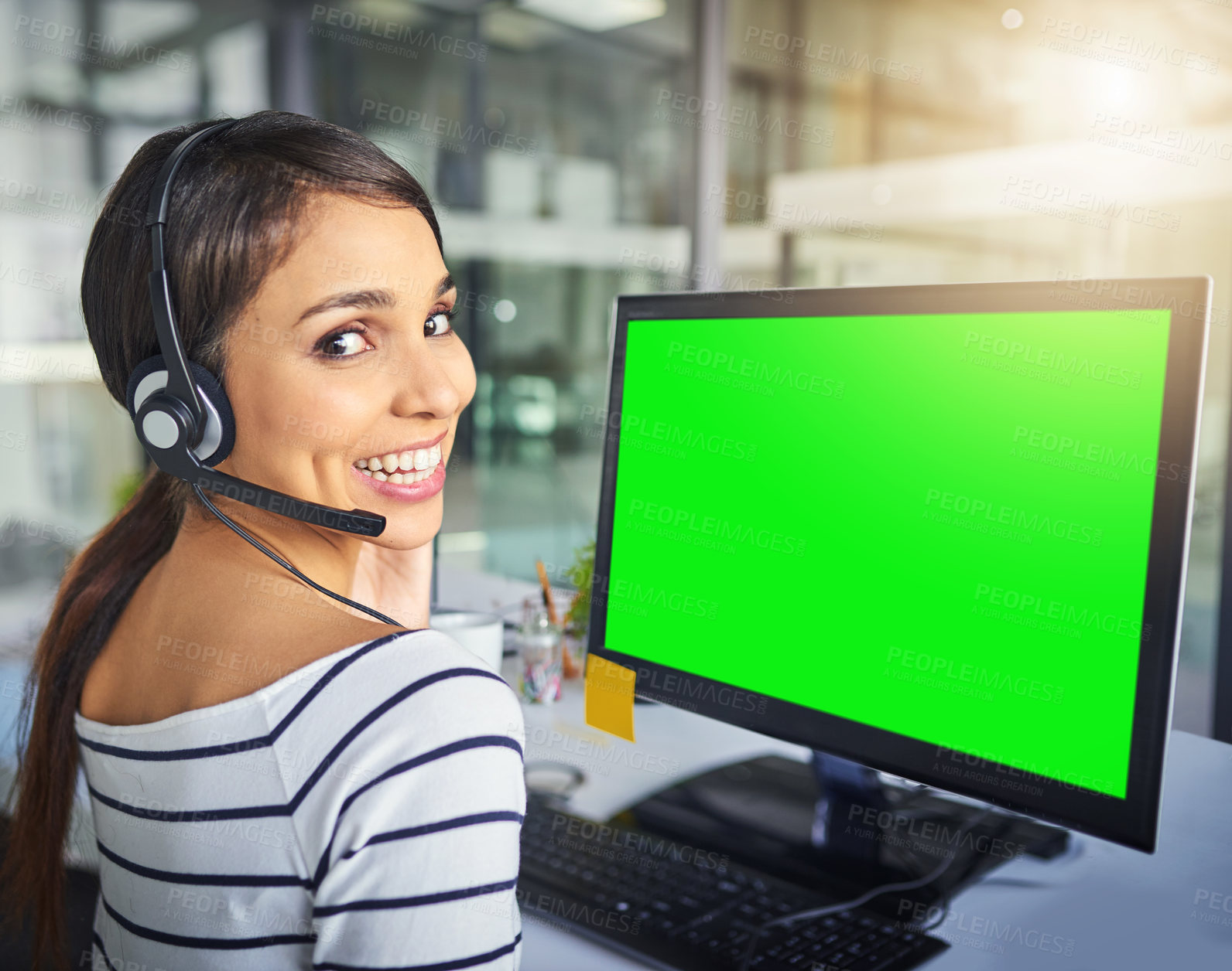 Buy stock photo Call center, green screen and portrait of woman on computer for consulting, customer service and help. Telemarketing, communication mockup and female consultant for contact, crm support and network