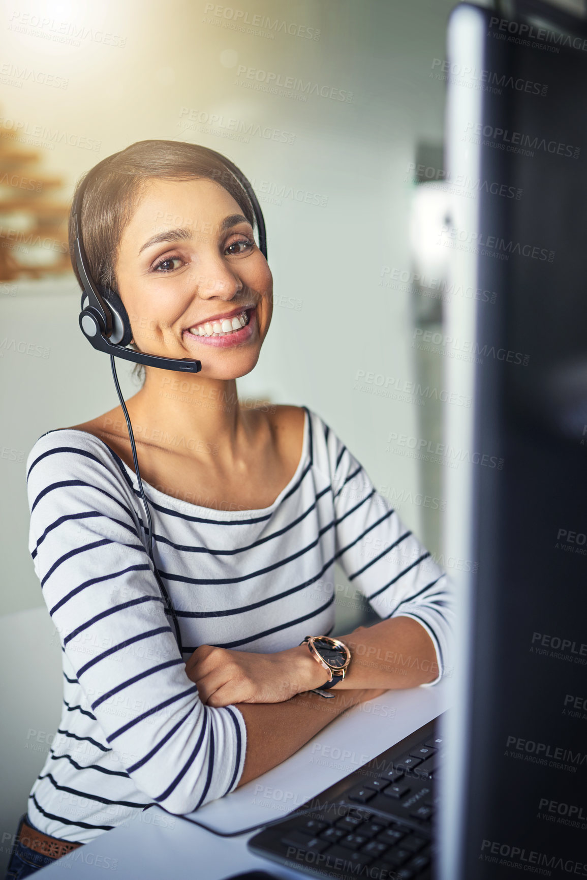 Buy stock photo Call center, customer support and portrait of happy woman on computer for consulting, help and advice. Telemarketing, communication and female consultant for contact, crm service or network in office