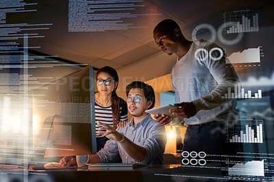 Buy stock photo Shot of computer programmers looking through data in the office