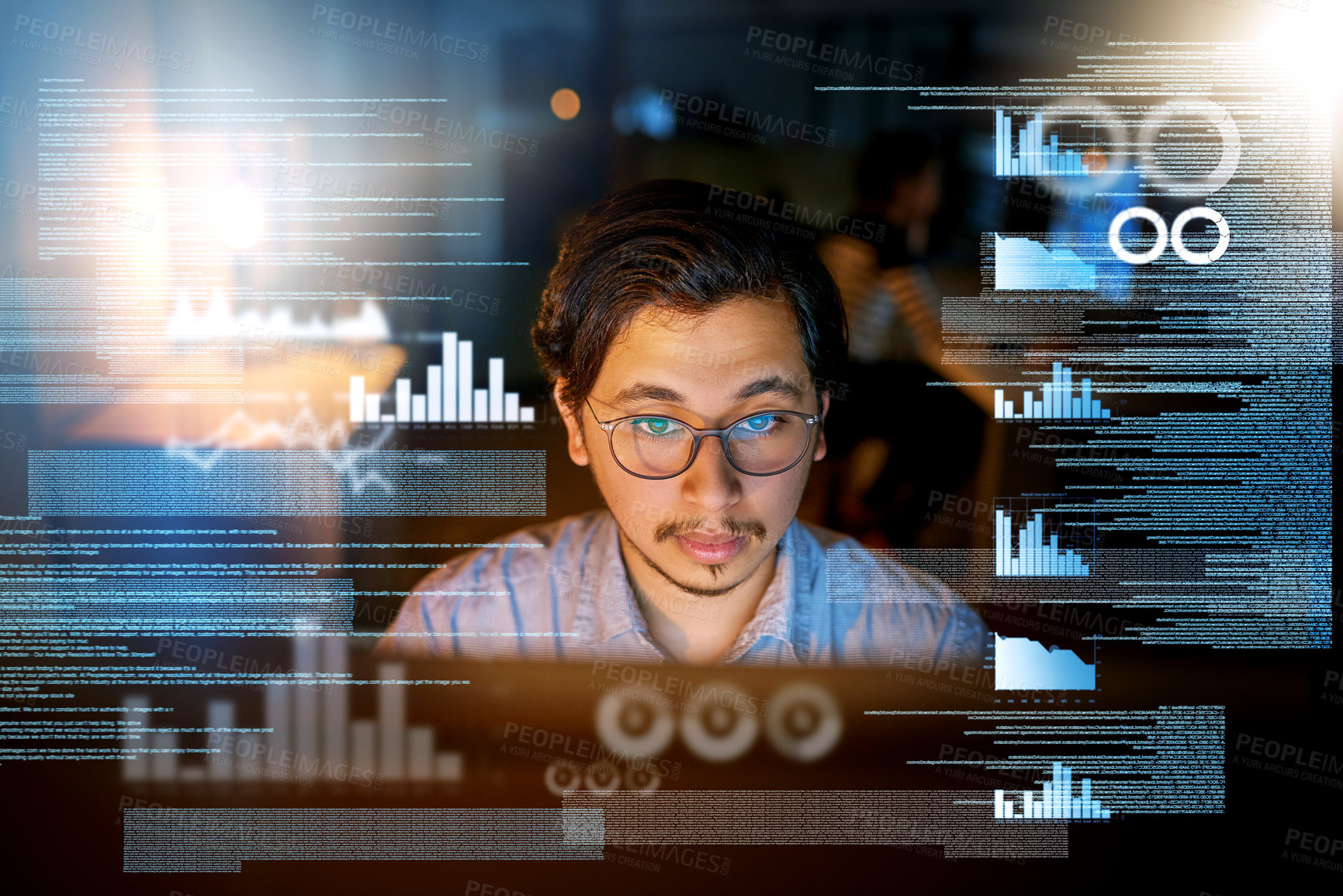 Buy stock photo Shot of a computer programmer looking through data in the office