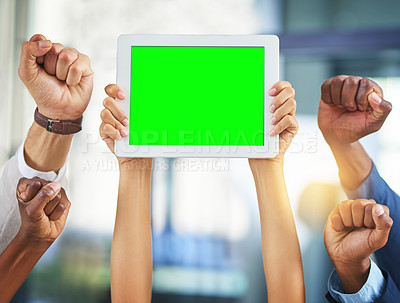 Buy stock photo Cropped shot of a group of businesspeople cheering and holding a digital tablet in a modern office