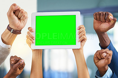 Buy stock photo Cropped shot of a group of businesspeople cheering and holding a digital tablet in a modern office