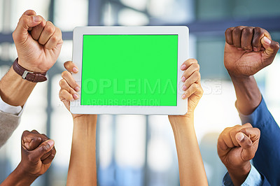 Buy stock photo Business people, hands and green screen with tablet for success, advertising or announcement in office. Teamwork, community and employee engagement for group with tech fist, mockup space and support