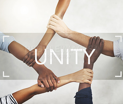 Buy stock photo Hands, business and people with unity in office of problem solving, collaboration and creative integration. Staff, support and team building with overlay for synergy, inclusion and project agreement