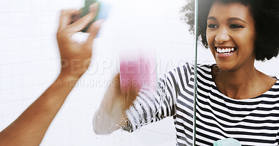 Buy stock photo Black woman, home and happy with cleaning mirror for hygiene, housekeeping and chores. Female person, sponge and smile or satisfied with results with dirt removal, disinfection ands maintenance