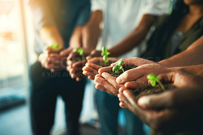 Buy stock photo Plant, sustainability and environment with hands of business people for teamwork, earth and support. Collaboration, growth and diversity with employees and soil for future, partnership or community