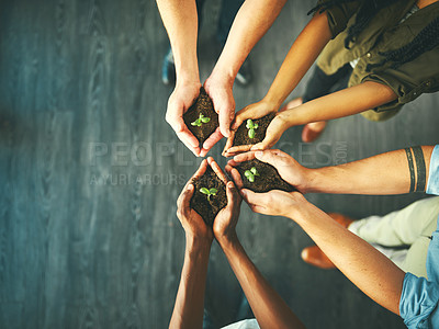 Buy stock photo Plant, sustainability and space with hands of business people for teamwork, earth or environment from above. Collaboration, growth and mockup with employees and soil for future, partnership or invest