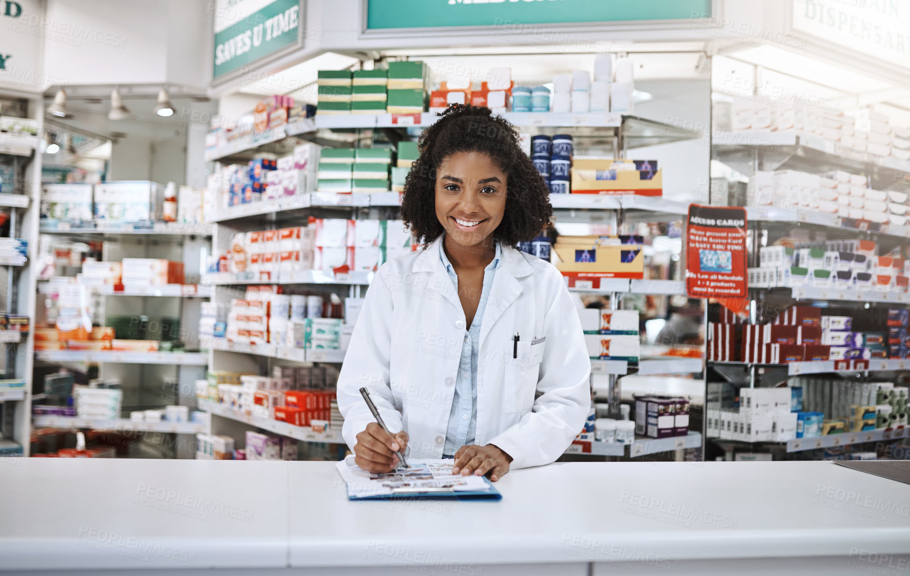 Buy stock photo Clipboard, portrait and writing with black woman in pharmacy to dispense prescription medication. Documents, healthcare and smile of pharmacist person in drugstore for retail medical wellness