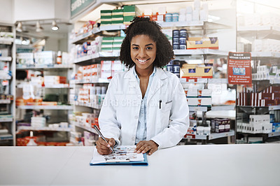 Buy stock photo Clipboard, portrait and writing with black woman pharmacist in dispensary for prescription medication. Documents, healthcare and smile of person in drugstore or pharmacy for retail medical wellness