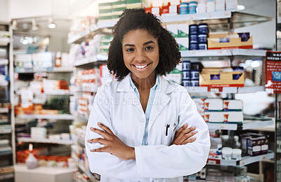 Buy stock photo Pharmacist, woman and portrait with arms crossed in pharmacy for pharmaceutical distribution and drugstore. Healthcare, professional and happy for medication dispensary and ready for customer service