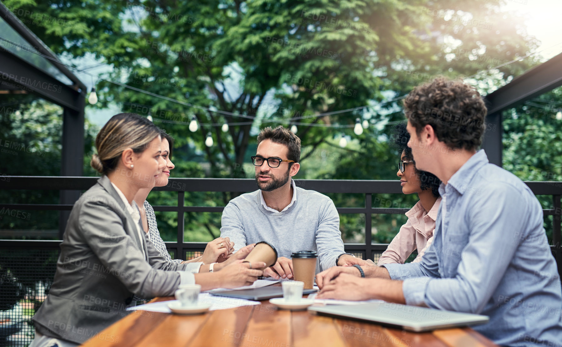 Buy stock photo Business people, cafe and finance discussion at meeting, outdoor and collaboration for budget project. Staff, accountant group and manager for talking at restaurant, paperwork and teamwork planning