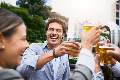 Buy stock photo Cropped shot of businesspeople having drinks on their office balcony