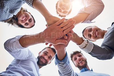 Buy stock photo Business people, hands and circle in office for planning, project partnership and collaboration. Staff, palm stack and meeting for growth development in workplace, low angle and support together