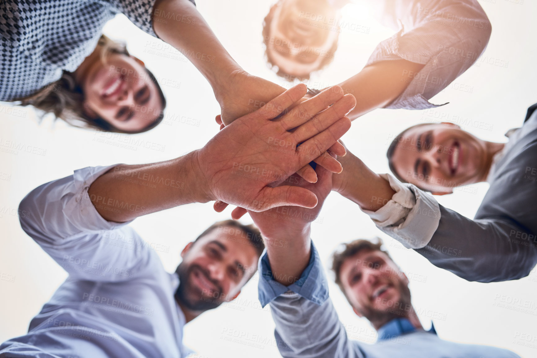 Buy stock photo Business people, hands and circle in office for planning, project partnership and collaboration. Staff, palm stack and meeting for growth development in workplace, low angle and support together