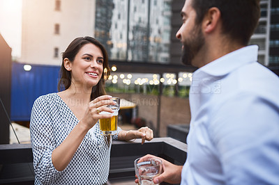 Buy stock photo Cropped shot of businesspeople having drinks on their office balcony