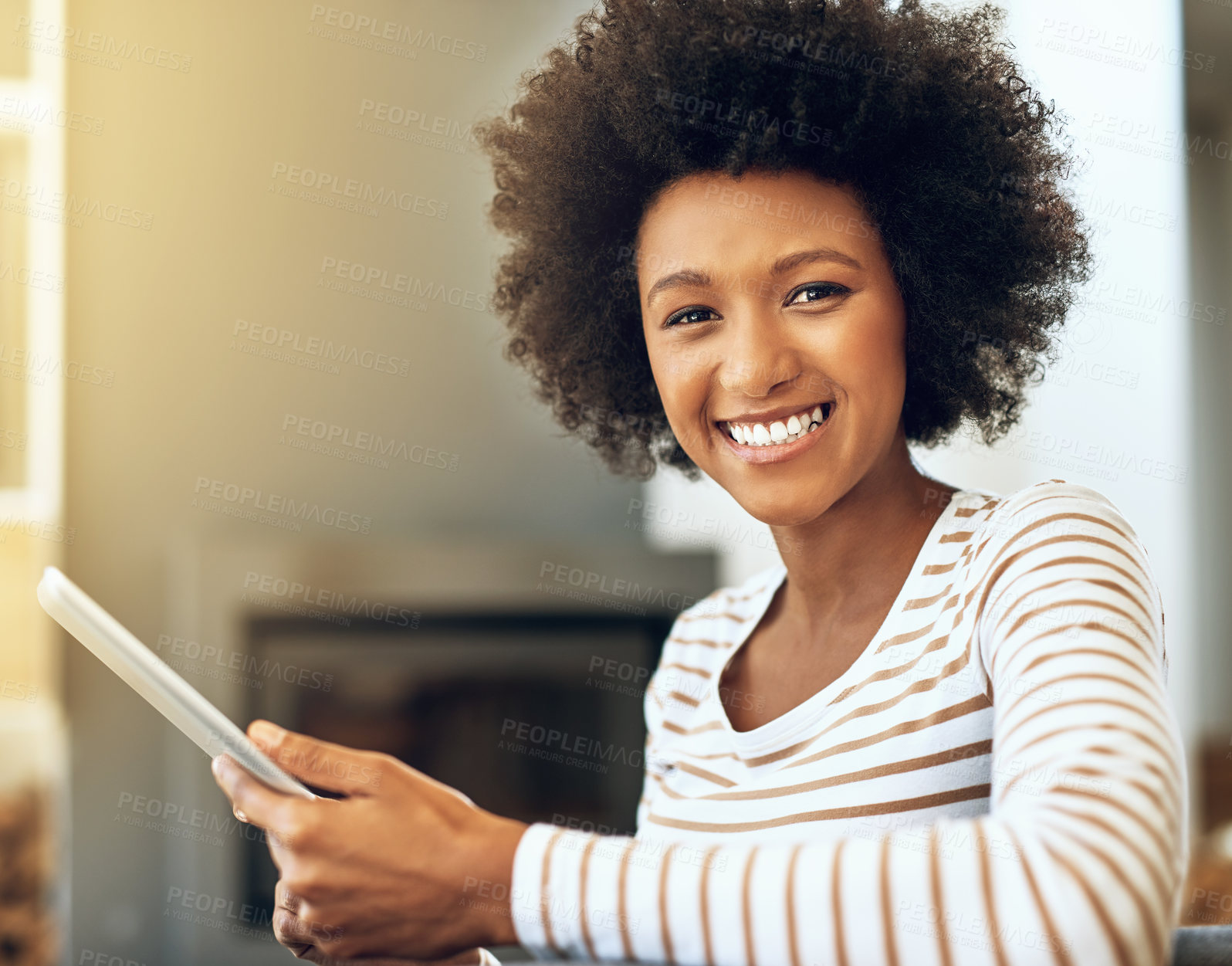 Buy stock photo Happy, black woman and portrait with tablet on living room sofa with freelance worker break and relax. Home, calm and tech of freelancer from Kenya with confidence in lounge ready for web working 