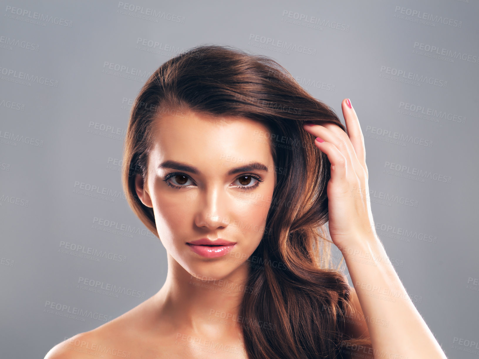 Buy stock photo Shine, hairstyle and portrait of woman in studio for glow, beauty and hair gloss treatment. Scalp health, salon and growth with person on gray background for haircare cosmetics, volume or keratin