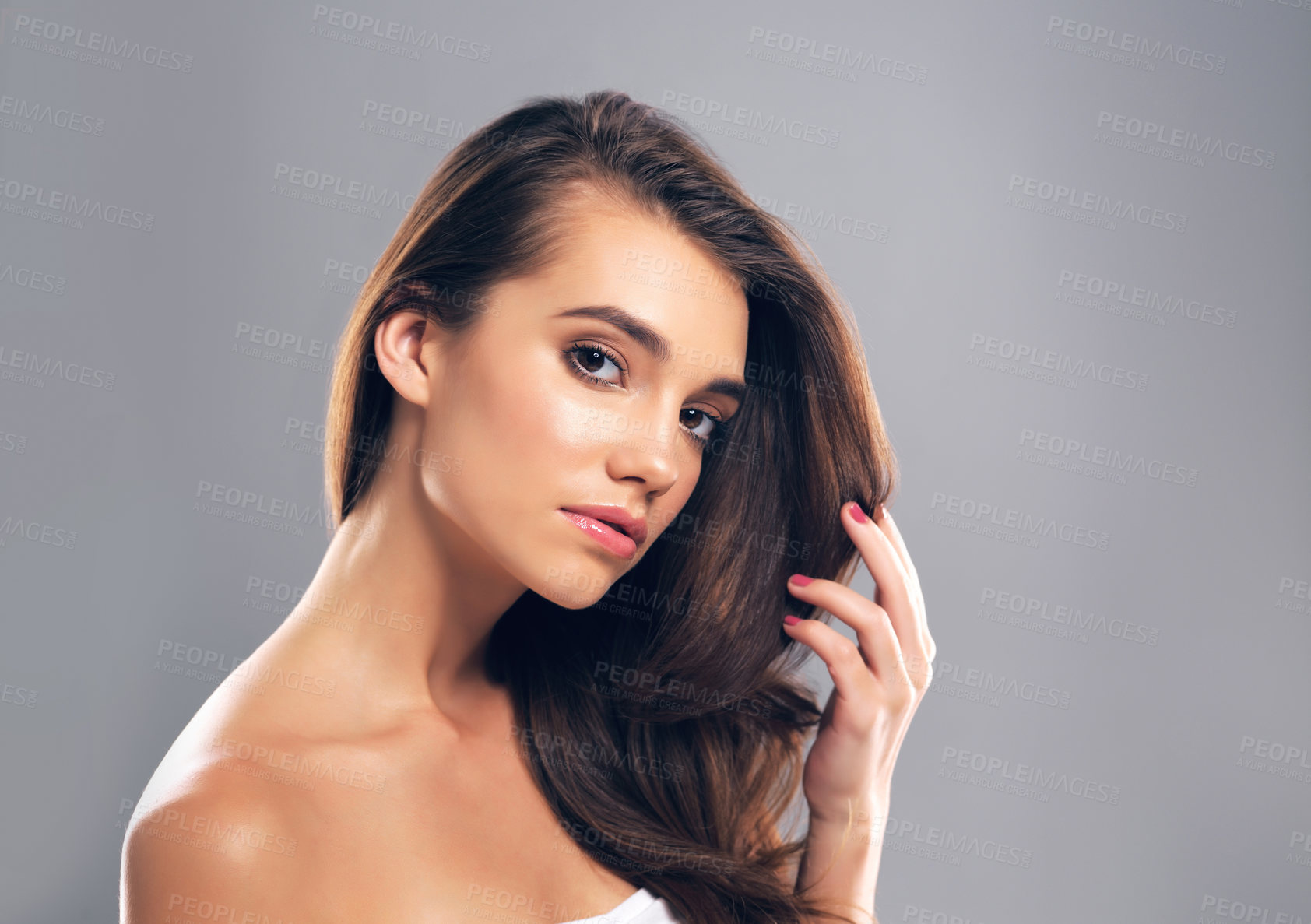 Buy stock photo Luxury, hairstyle and portrait of woman in studio for glow, volume and hair gloss treatment. Scalp health, beauty and growth with person on gray background for haircare cosmetics, salon and keratin 