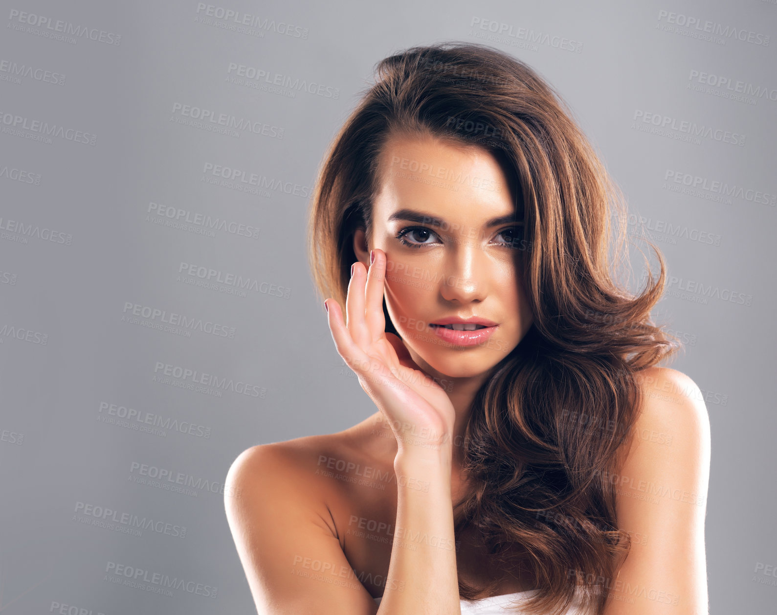 Buy stock photo Luxury, salon and portrait of woman in studio for blowout, volume and hair gloss treatment. Scalp health, beauty and growth with person on gray background for haircare cosmetics, hairstyle and mockup