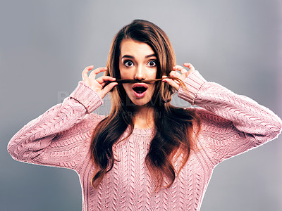 Buy stock photo Girl, portrait and surprised mustache with hair for haircare, healthy texture and growth maintenance. Woman, mockup and shocked with salon treatment, shampoo shine and hairstyle on gray background