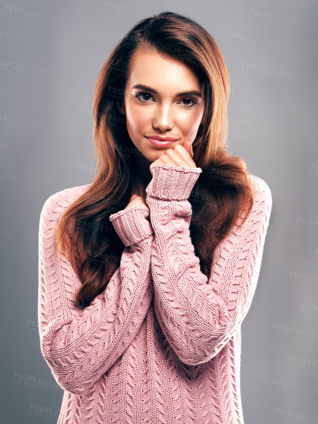 Buy stock photo Portrait, woman and winter sweater for fashion, style and aesthetic isolated on gray studio background. Face, confidence and person in warm clothes, sustainable outfit or eco friendly knitwear in USA