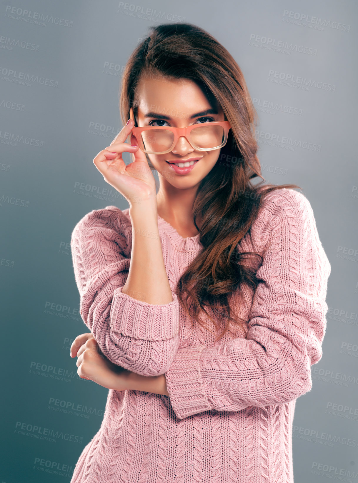 Buy stock photo Woman, portrait and happy in studio for eyewear, vision and fashion glasses on gray background. Girl, stylish and smile for sunglasses, prescription and eye care with cool trendy  spectacles frame