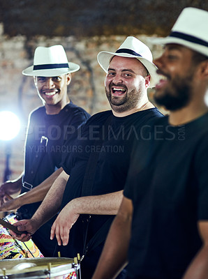 Buy stock photo Portrait of a group of musical performers playing together indoors