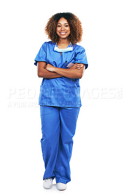 Buy stock photo Happy, smiling and portrait of a black woman with arms crossed isolated on a white background in studio. Medical expert, healthcare and African nurse with a smile, pride and confidence for surgery