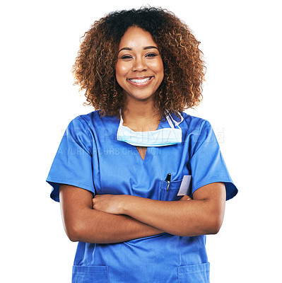 Buy stock photo Portrait, nurse and black woman with arms crossed in studio isolated on white background. Face, healthcare or confident, proud and happy female medical physician from Nigeria ready for wellness goals