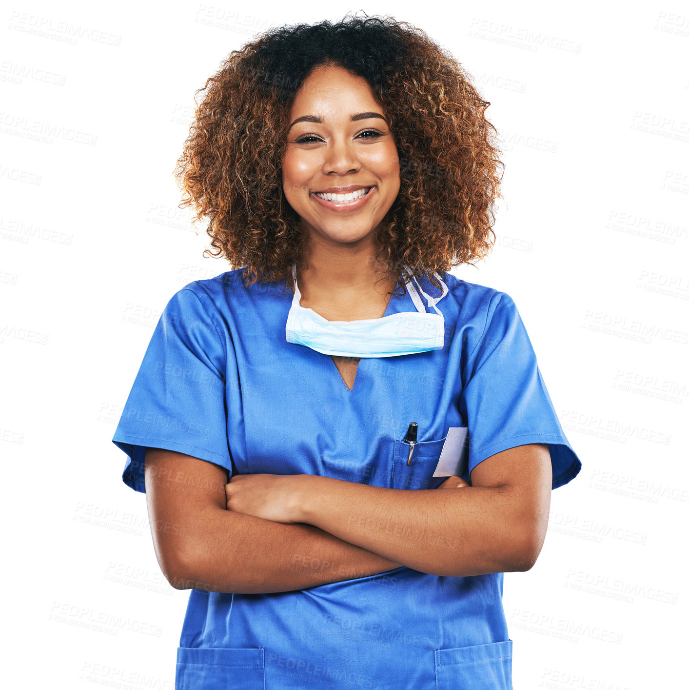 Buy stock photo Portrait, nurse and black woman with arms crossed in studio isolated on white background. Face, healthcare or confident, proud and happy female medical physician from Nigeria ready for wellness goals
