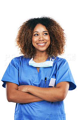 Buy stock photo Healthcare, nurse and black woman with arms crossed in studio isolated on a white background. Medical, thinking and confident, proud and happy female physician with ideas, thoughts or contemplating.