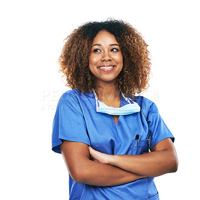 Buy stock photo Nurse, healthcare and black woman with arms crossed in studio isolated on a white background. Medical, thinking and confident, proud and happy female physician with ideas, thoughts or contemplating.