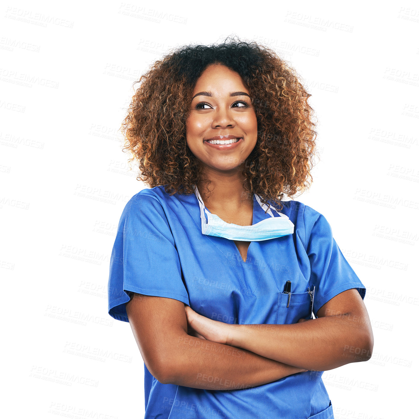 Buy stock photo Nurse, healthcare and black woman with arms crossed in studio isolated on a white background. Medical, thinking and confident, proud and happy female physician with ideas, thoughts or contemplating.