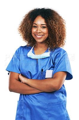 Buy stock photo Nurse, arms crossed and portrait of black woman in studio isolated on white background. Medic, healthcare and confident, proud and happy female medical physician from Nigeria ready for wellness goals