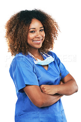 Buy stock photo Arms crossed, black woman and portrait of nurse in studio isolated on white background. Medic, healthcare and confident, proud and happy female medical physician from Nigeria ready for wellness goals