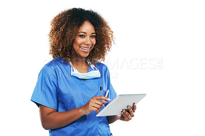 Buy stock photo Healthcare, nurse and black woman with tablet in studio isolated on white background mockup. Technology, wellness and portrait of female medical physician with touchscreen for research or telehealth.