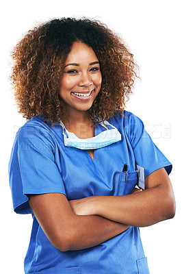 Buy stock photo Nurse, black woman and studio portrait with smile, arms crossed and motivation for healthcare by white background. Isolated doctor, happy and focus for vision, medical goals and service at clinic job