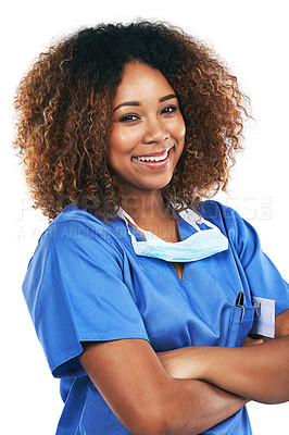Buy stock photo Nurse, portrait and black woman with arms crossed in studio isolated on white background. Medic, healthcare or confident, happy or proud female medical physician from Nigeria ready for wellness goals