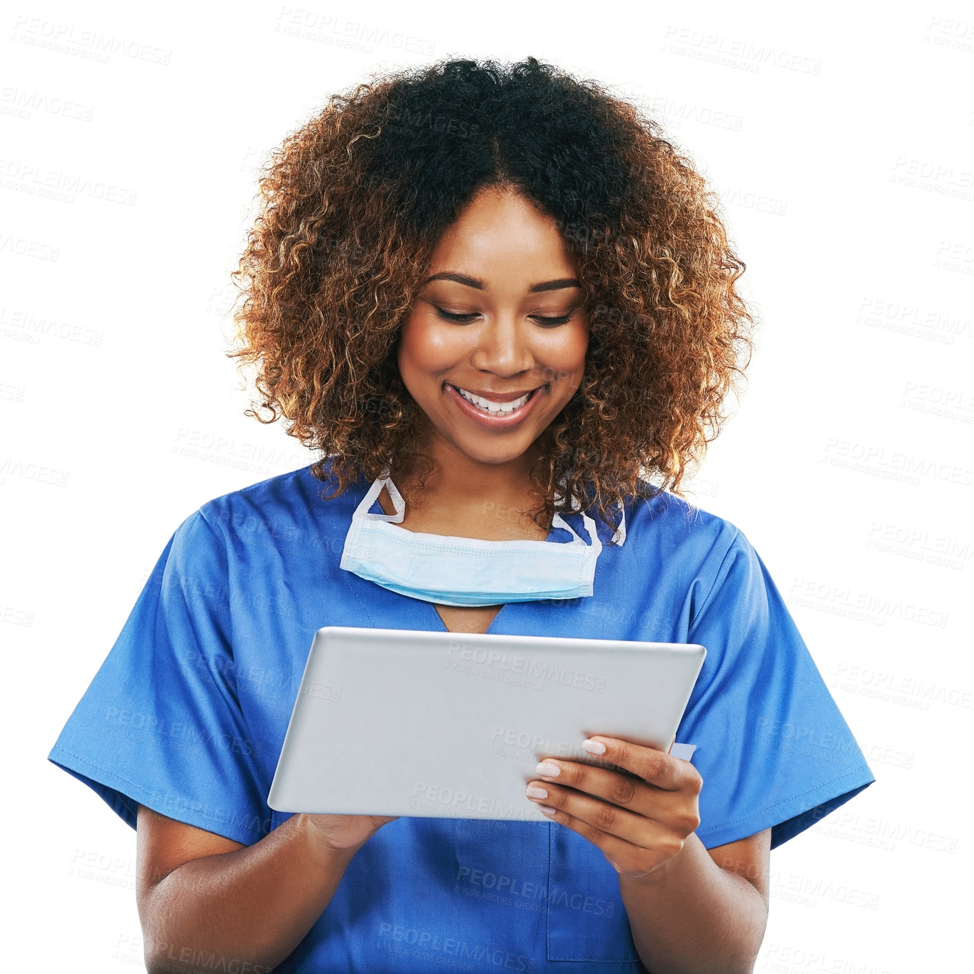 Buy stock photo Tablet, healthcare nurse and black woman in studio isolated on a white background mockup. Technology, wellness app and person or female medical physician with touchscreen for research or telehealth.