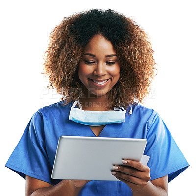 Buy stock photo Doctor black woman, tablet typing and studio for smile, focus or science research on web app by white background. Isolated nurse, mobile tech touchscreen or reading on social network, article or news